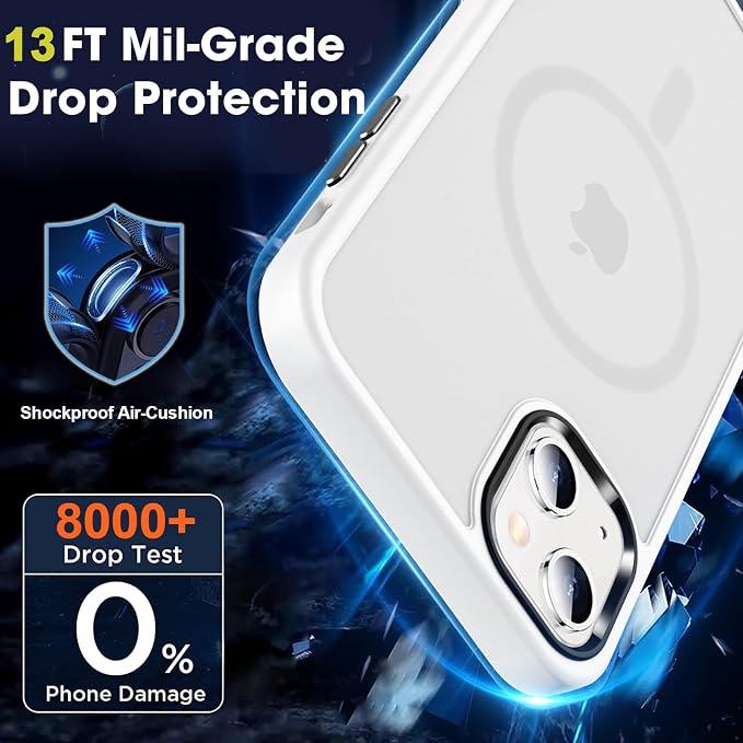 MOCCA Strong Magnetic for iPhone 13 Case, [Compatible with Magsafe][Screen Protector+Camera Lens Protector] Translucent Matte Back Slim Shockproof Case for iPhone 13 Phone Case 6.1", Frosted White
