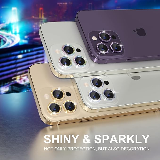 Choiche Compatible for iPhone 14 Pro/iPhone 14 Pro Max Camera Lens Protector Bling, 9H Tempered Glass Camera Cover Screen Protector Metal Ring Decoration Accessories (Glitter-Purple)