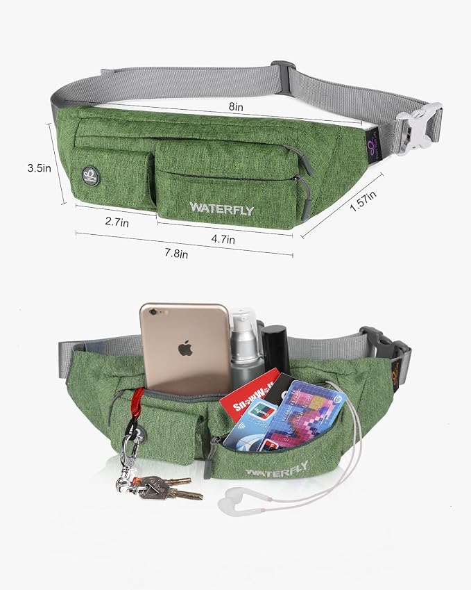 WATERFLY Fanny Pack Slim Soft Polyester Water Resistant Waist Bag Pack for Man Women Carrying iPhone 8 Samsung S6 (green)