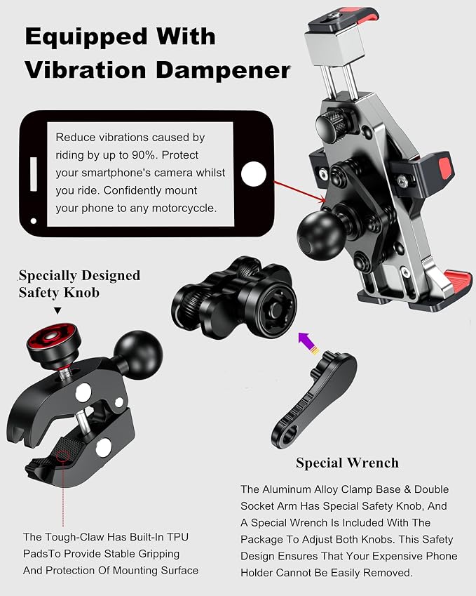BRCOVAN Anti-Theft Aluminum Alloy Motorcycle Phone Mount Holder with Vibration Dampener & Secure Lock, Adjustable Bike Handlebar Cellphone Mount for Bicycle Scooter ATV UTV, Fit 4.7''-7.2'' Smartphone