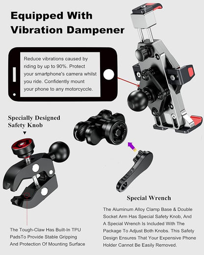 BRCOVAN Anti-Theft Aluminum Alloy Motorcycle Phone Mount Holder with Vibration Dampener & Secure Lock, Adjustable Bike Handlebar Cellphone Mount for Bicycle Scooter ATV UTV, Fit 4.7''-7.2'' Smartphone