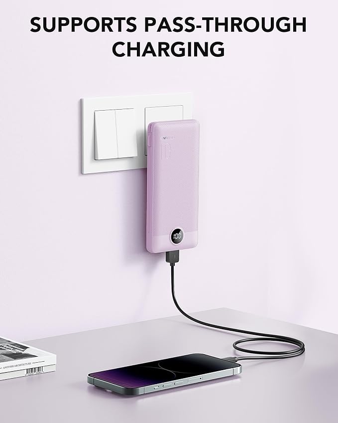 VRURC Portable Charger, Power Bank Built-in Cables and AC Wall Plug | USB C Power Bank 10000mAh Travel Essentials Phone Charger Compact External Battery Pack For Smart Phones, Tablets etc-Purple