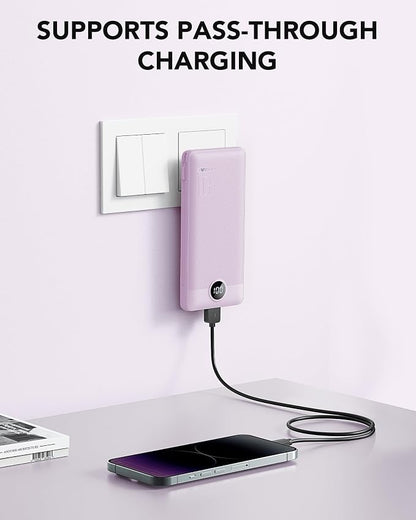 VRURC Portable Charger, Power Bank Built-in Cables and AC Wall Plug | USB C Power Bank 10000mAh Travel Essentials Phone Charger Compact External Battery Pack For Smart Phones, Tablets etc-Purple