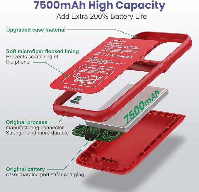 Battery Case for iPhone 14/13/13 Pro (6.1 Inch),Upgraded 7500mAh Ultra-Slim Portable Charging Case Rechargeable Protective Extended Battery Pack for iPhone 14/13/13 Pro Charger Cover-Red