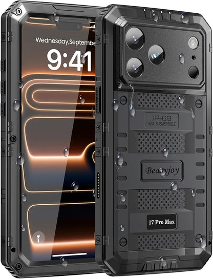 Beasyjoy for iPhone 17 Pro Max Case Waterproof, Heavy Duty Metal Case with Built-in Screen Protector, Full Body Rugged Military Grade Shockproof Dustproof Cover for Construction Outdoor 6.9", Black