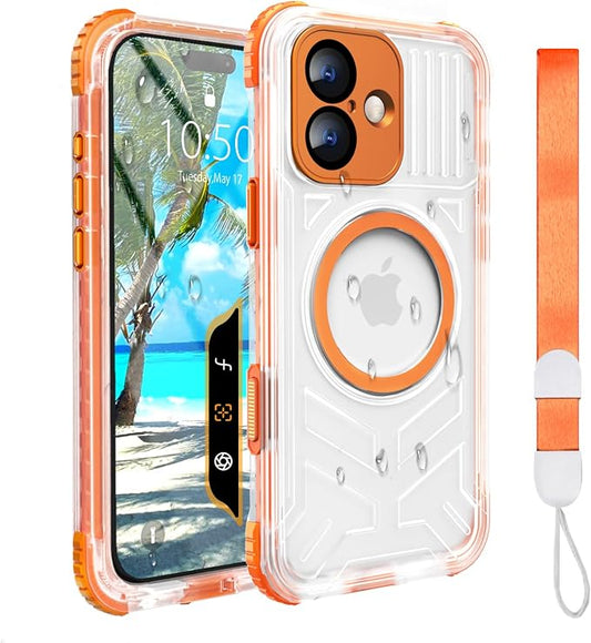 for iPhone 16 Waterproof Case, Compatible with MagSafe, IP68 Built-in Camera Control, Military Shockproof & Screen Protector for Water Sports, 6.1 Inch Frosted Orange