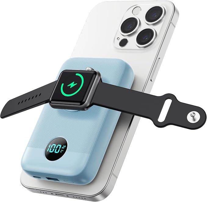 GKUTW Magnetic Portable Charger for iPhone and Apple Watch, 10800mAh 25W PD Fast Charging Power Bank, Dual-Side Magnet Design Travel Essentials Battery Pack for iPhone 17/16/15/14/13/12 (Sky Blue)
