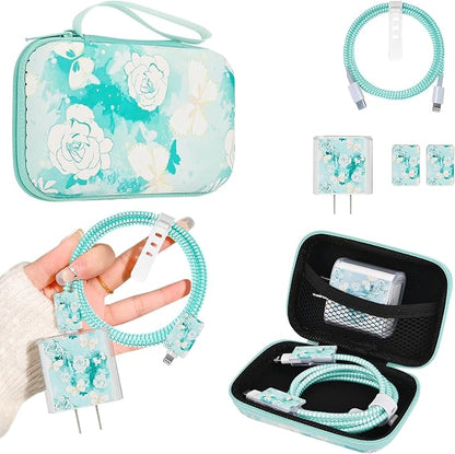 Phone Charger Case Storage Set with Rose Butterfly Cable Protector with Carrying Cable Case Bag,Cord Organizer, USB Earphone Wire Saver Organizer Charger Protector for iPhone (Rose Butterfly)