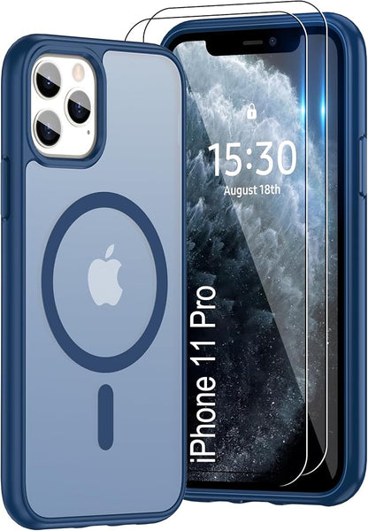 For iPhone 11 Pro Case [Compatible with Magsafe] Translucent Matte Magnetic 11 Pro Phone Case with Screen Protector,SlimThin Shockproof Military Grade Drop Protection Cover for iPhone 11 Pro-Dark blue
