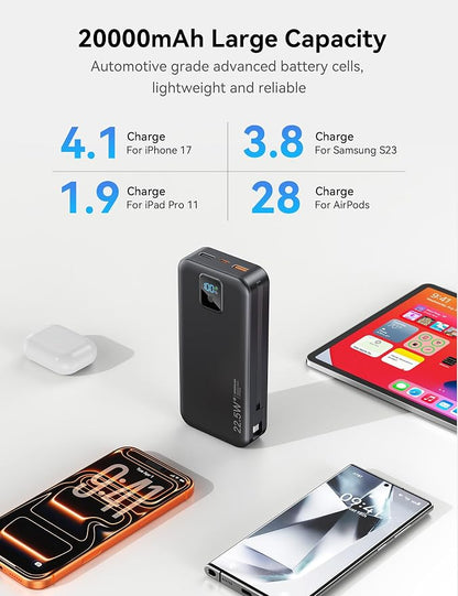 Portable Charger, 20000mAh 22.5W Fast Charging Power Bank with Built-in Cables & Wall Plug, Travel Essentials Battery Pack with LED Display, USB C External Battery Bank for iPhone iPad, Samsung Black