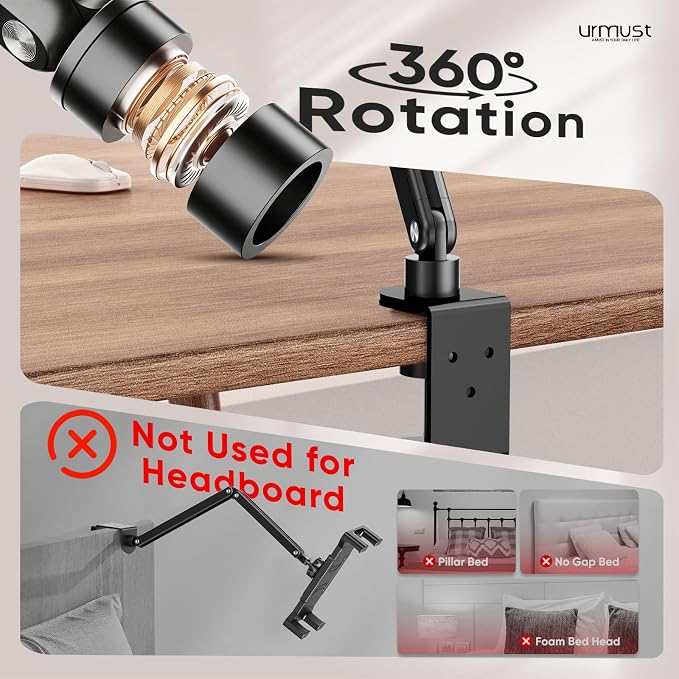 Urmust Portable Monitor Stand 15.6", iPad Stand for Desk & Bed, Portable Monitor Holder up to 18.5", Adjustable Desktop Tablet Arm Mount, Apple iPad Holder for Desk, for 4.7"-12.9" iPad Pro/Air/Mini