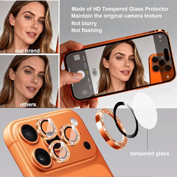 Compatible for iPhone 17/17 Pro/iPhone 17 Pro Max Camera Lens Protector Bling, Cute Sparkle Glitter Camera Cover for Women, Individual Ring, Anti-Scratch (3 Protectors + 1 Extra), Deep Blue