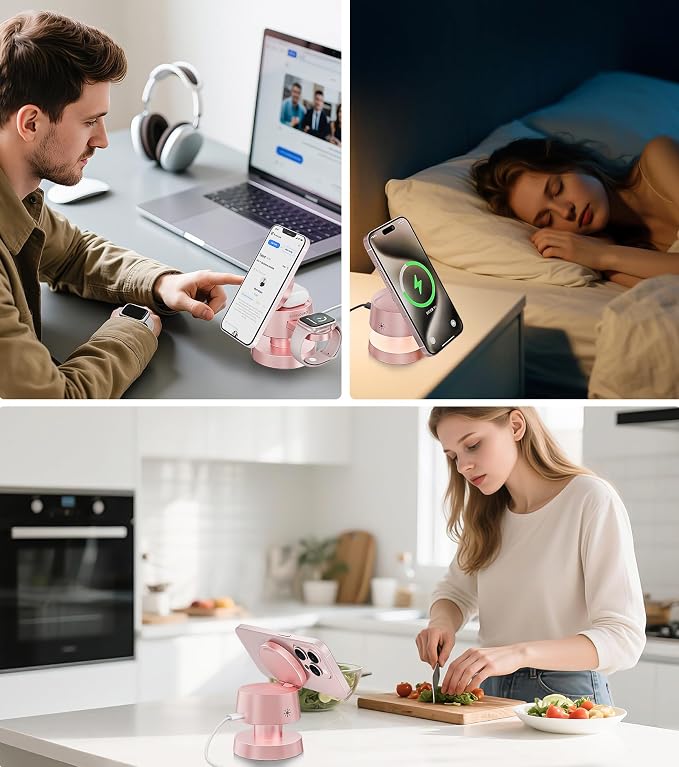 4-in-1 Magnetic Wireless Charging Station for iPhone 17/16/15/14 Pro Max, with Night Light Wireless Charging Station Fast Charging for Apple Watch, Earphones & Multiple Devices