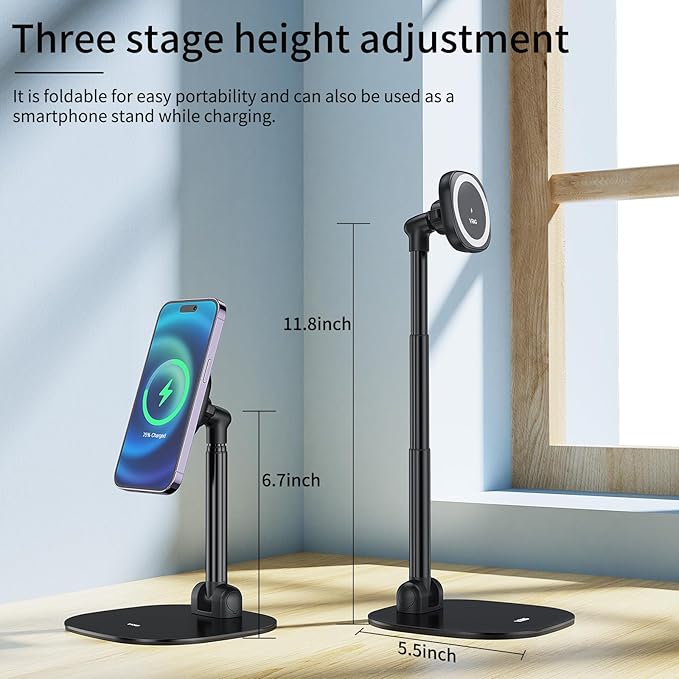 VRIG Magnetic Desk Phone Stand for Office/Home, 360°Rotation Wireless Charger Phone Holder with Magnetic Ring Height&Tilt, Adjustable Cell Phone Stand for iPhone 16 15 14 13 12 and More/Android