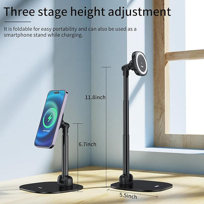 VRIG Magnetic Desk Phone Stand for Office/Home, 360°Rotation Wireless Charger Phone Holder with Magnetic Ring Height&Tilt, Adjustable Cell Phone Stand for iPhone 16 15 14 13 12 and More/Android