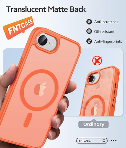 FNTCASE for iPhone 17e/ iPhone 16e Case, Fit for Magsafe, Screen Protector | Translucent Matte Magnetic Back, 14FT Military Grade Drop Protection, Shockproof Protective Phone Cover, Orange