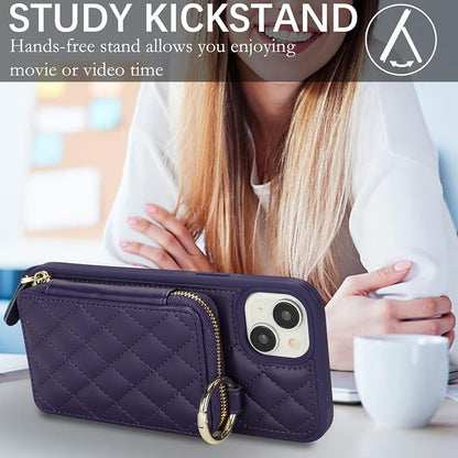 Crossbody Wallet Case for iPhone 14 Plus, PU Leather Zipper Handbag Purse Flip Cover, Kickstand Folio Case with Card Slots Holder Wrist Strap Lanyard 5G 6.7 Inch-Purple