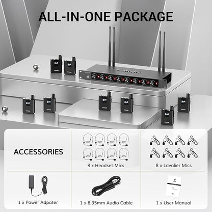 TONOR Wireless Microphones System with 8x12 Channels Headset/Lavalier Lapel Mics, Bodypack Transmitter, Receiver, 90 m/295ft UHF Range for Church Conference Performance Singing Karaoke PA Speaker