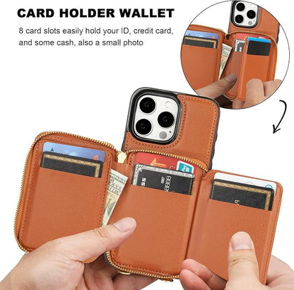 Bocasal RFID Blocking Wallet Case for iPhone 15 Pro Max, Adjustable Crossbody Zipper Purse Case Card Holder with Kickstand Detachable Wrist Strap, PU Leather Flip Folio Case 6.7 Inch 5G (Brown)