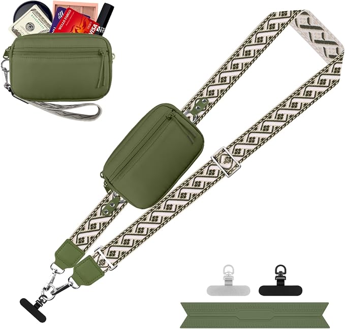 YFWE Clip and Go Strap for Phone with Wallet Crossbody, Adjustable Phone Lanyard with Detachable RFID Wristlet Wallet, Pattern Strap - Olive Green(M)