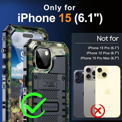 Mitywah Waterproof Case for iPhone 15, Heavy Duty Shockproof Case with Built-in Screen Protector, Full Body Underwater Protective Metal Case 6.1 inch, Camouflage