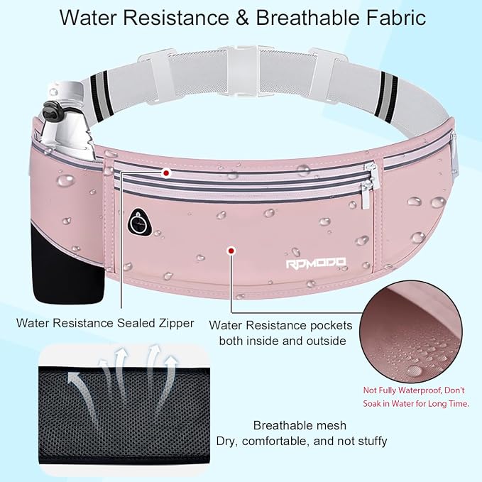 Hydration Running Belt for Women Men，Fanny Pack with Water Bottle Holder，Large Capacity Running Phone Holder for iPhone 17 16 Pro Max Samsung，Slim Reflective Waist Belt for Hiking Outdoor（Pink）