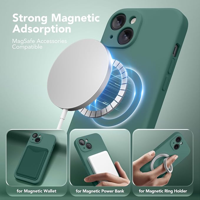 Magnetic for iPhone 13 Case, Compatible with MagSafe, [Full Camera Protection][Screen Protector] Silicone Shockproof Protective Phone Case for iPhone 13 6.1", Midnight Green