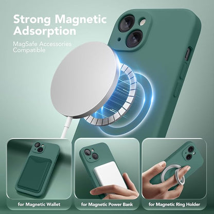 Magnetic for iPhone 13 Case, Compatible with MagSafe, [Full Camera Protection][Screen Protector] Silicone Shockproof Protective Phone Case for iPhone 13 6.1", Midnight Green