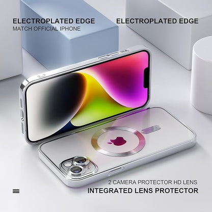 Misea Magnetic for iPhone 14 Case Compatible with MagSafe [Never Yellowing] [Military Grade Drop Protection] Full Camera Lens Protector Plating Soft Clear Phone Case for Women Girls, Silver
