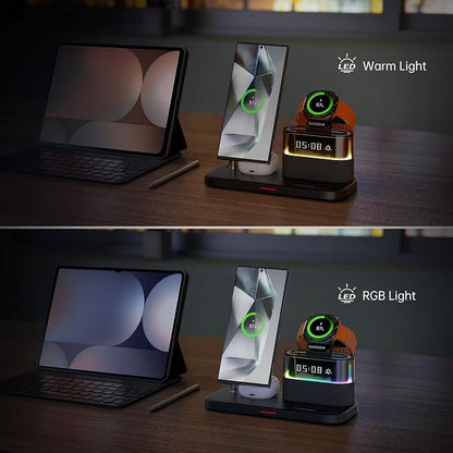 Magnetic Charger for Samsung, 5 in 1 Wireless Charging Station with Alarm Clock for Samsung Galaxy S25 Ultra/S24/S23/S22, Galaxy Watch 8/7/6/4/5, Galaxy Buds/Pro, Black