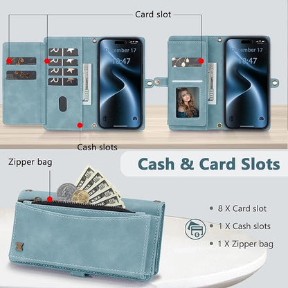 Wallet Case for iPhone 15 Pro Max with Card Holder/Crossbody Wallet/Strap| RFID Blocking | Magnetic | Kickstand | Detachable | PU Leather Phone Case for iPhone 15 Pro Max,6.7 in,Blue