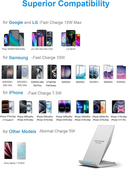 NANAMI Fast Wireless Charger, Charging Stand[with 20W PD Adapter] 7.5W Compatible with iPhone 17/17 Air/16/15/14/13/12, 10W for Samsung Galaxy S26/S26+/S26 Ultra/S25/S25 Ultra/S24/S23/S22/S21/S20