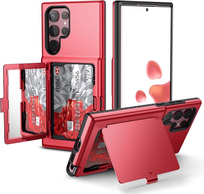 WeLoveCase Samsung Galaxy S22 Ultra Case Wallet Case with Credit Card Holder & Hidden Mirror, All-Round Protection Shockproof Phone Cover Designed for Samsung Galaxy S22 Ultra, 6.8 Inch Red