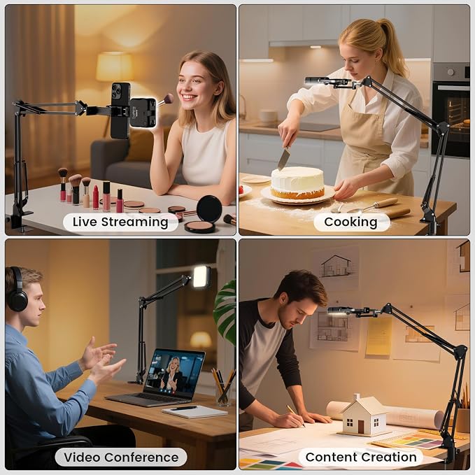 Overhead Phone Mount with LED Selfie Light and Bluetooth Remote, Rechargeable Camera Light Tripod Stand with Flexible Boom Arm, Desk Phone Holder for Video Recording, Live Streaming, TikTok, Vlogging
