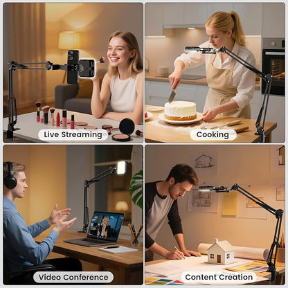 Overhead Phone Mount with LED Selfie Light and Bluetooth Remote, Rechargeable Camera Light Tripod Stand with Flexible Boom Arm, Desk Phone Holder for Video Recording, Live Streaming, TikTok, Vlogging