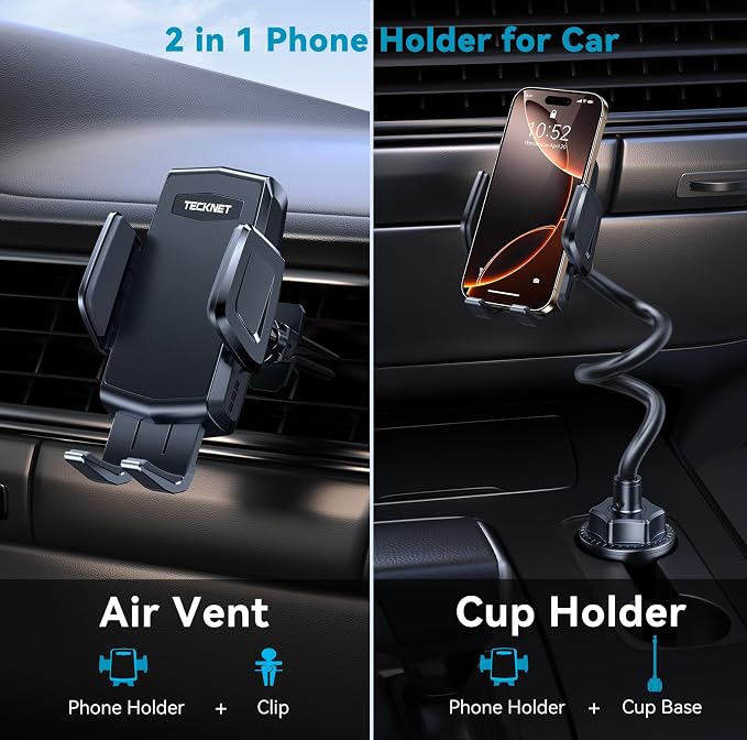TECKNET Cup Phone Holder for Car - Adjustable Gooseneck Cup Holder Phone Holders with Air Vent Holders & Expandable Base, Cupholder Phones Mount for iPhone 17/16 Pro Max and All Cell Phones, Car Model