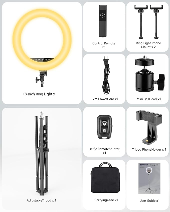 18" Professional LED Ring Light Kit with Tripod,CRI≥95, 3000K-6000K Adjustable Brightness & Color Temp, Includes Phone Holder & Remote for Live Streaming, YouTube, TikTok, Photography, Makeup