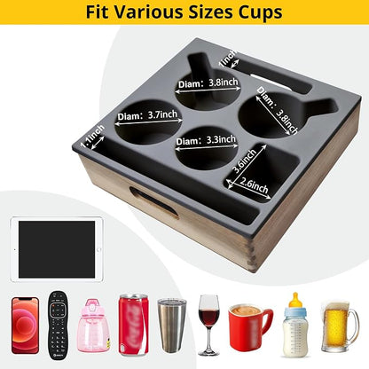 KindGa Couch Cup Holder, Waterproof Anti-Spill Couch Drink Holder for Snacks Beverage Remote, Food Grade Silicone Wooden Couch Caddy for Bed Car Seat Beach Tray (Black)