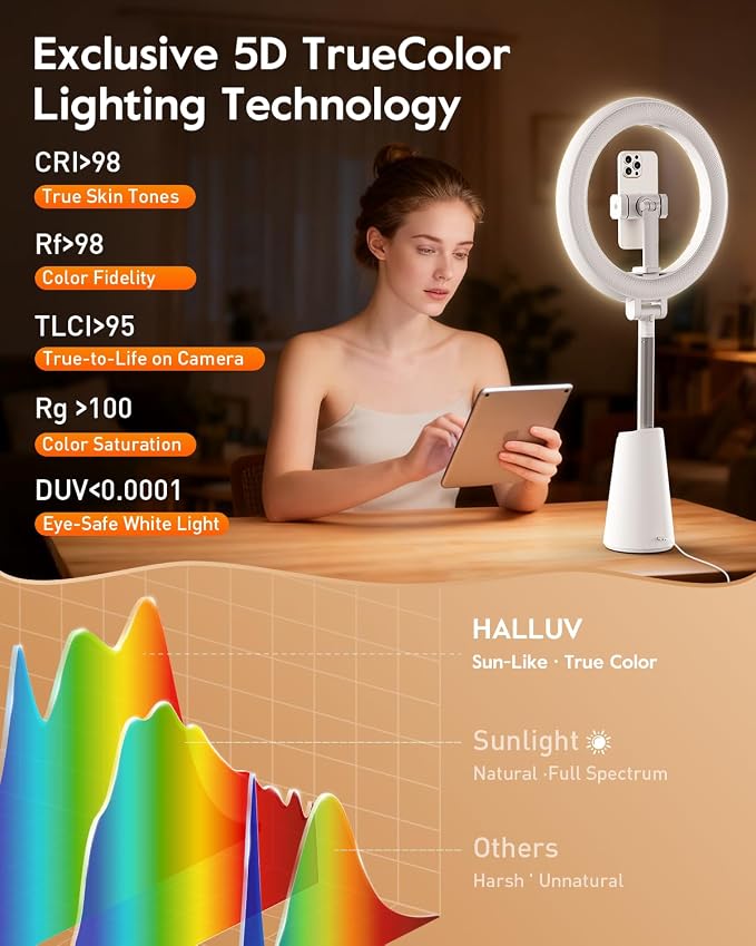 11" True-Color Desk Ring Light with Stand & Dual Phone Holders – CRI 98+ Soft Desk Selfie Light, 224 LEDs, 4 Color Modes, Touch Control for Makeup, Live Streaming, Video Recording, Zoom Calls&TikTok
