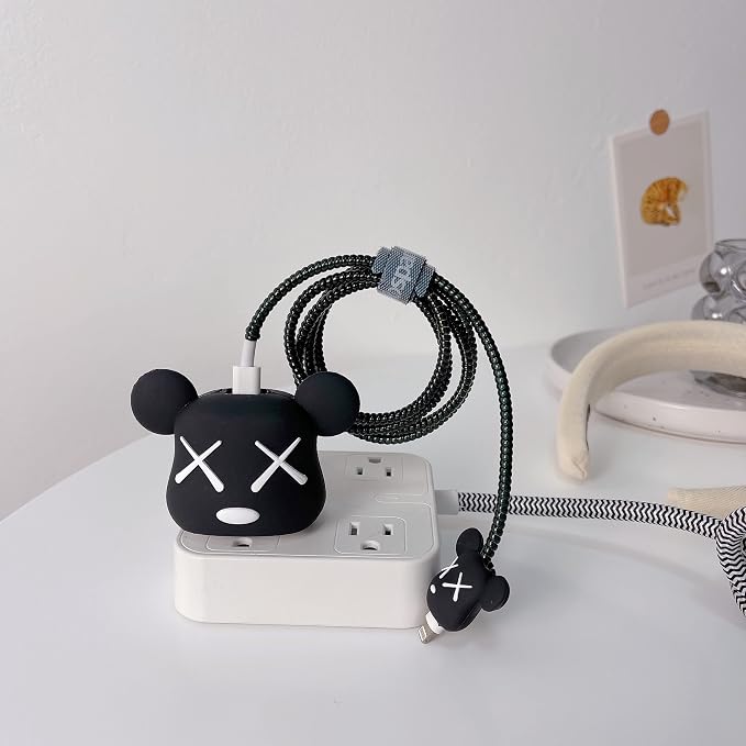 3D Cute Cartoon Charger Protector Case - Compatible for Apple 20W USB-C Power Adapter and Lightning Cable (Black Bear)