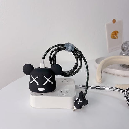 3D Cute Cartoon Charger Protector Case - Compatible for Apple 20W USB-C Power Adapter and Lightning Cable (Black Bear)