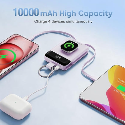 10000mAh Portable Charger,PD 22.5W Super Fast Charging Power Bank with Built-in Cables, Travel Keychain Battery Pack for iPhone 17/16/15/14/13/12,Apple Watch Ultra/11/10/9/8/7/6/SE (Purple)