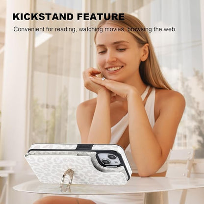 HAOPINSH for iPhone 13/ iPhone 14 Wallet Case with Card Holder, 360°Rotation Ring Kickstand, White Leopard Cheetah Pattern, RFID Blocking Leather for Girls Women, Double Buttons Flip 6.1"