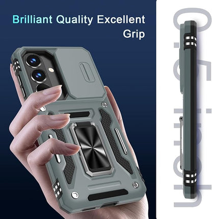 DEERLAMN Case for Samsung Galaxy A37 5G with Slide Camera Cover+Screen Protector (1 Pack), Rotated Ring Kickstand Military Grade Shockproof Protective Cover-Grey