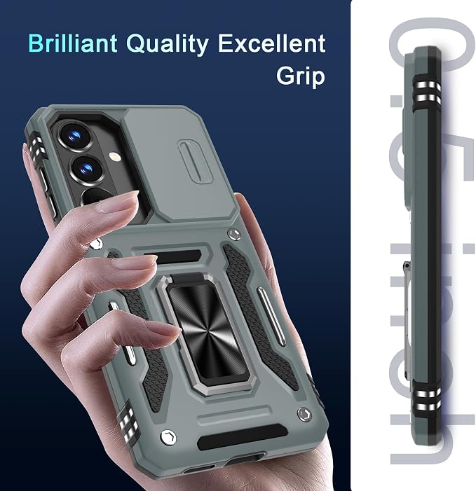 DEERLAMN Case for Samsung Galaxy S26+ Plus 6.7-Inch with Slide Camera Cover+Screen Protector(1 Pack), Rotated Ring Kickstand Military Grade Shockproof Protective Cover-Grey