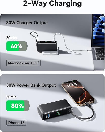 INIU 3-in-1 Portable Charger, Small 10000mah 30W Fast Charging Power Bank with Built-in USB C Cable and Foldable AC Plug, Flight Cruise Ship Travel Phone Charger for College Students Boys Girls, White
