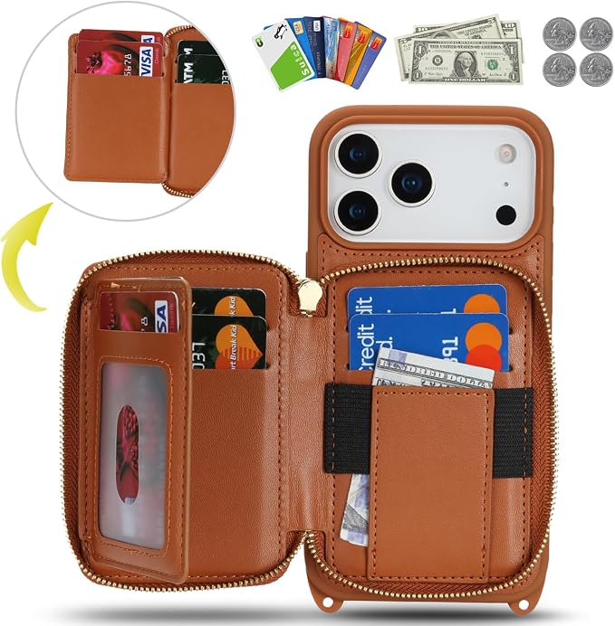 Crossbody Wallet Case for iPhone 17 Pro Max, PU Leather Zipper Handbag Purse Flip Cover, Kickstand Folio Case with Card Slots Holder Wrist Strap Lanyard 5G 6.9 Inch-Brown