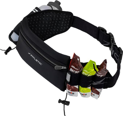 Fitletic Hydration Running Belt With 12oz Quick Flow Water Bottle For Men & Women –Race Belt, Gel Holder & Bib Toggles Patented Bounce Free Design, Water Resistant Fits All Phones –Fully Loaded