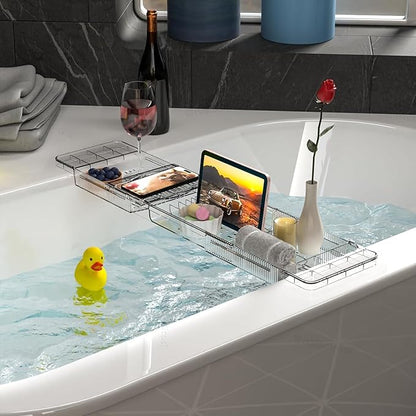 Expandable Bathtub Trays for Tub,Acrylic Bath Shelf Over Tub,with Non-Slip Design iPad Holder for Books Phone，Suitable for Bathtubs with an Internal Width of up to 28 Inch