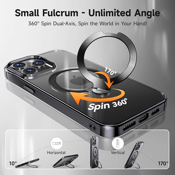 [Tri-Shield Protection] for iPhone 13 Pro Max Case with 360° Spin Stand Compatible with MagSafe [Magnetic CD Ring][Screen & Camera Lens Protector] Shockproof Plating Never-Yellowing, Black-6.7"